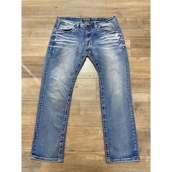 Buckle BKE Salvage HAVOC Mens 34X31 Slim Straight Blue Denim Jeans Whiskers - Picture 1 of 10